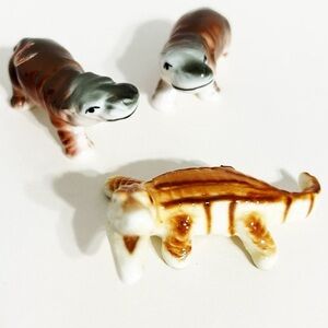 Vintage Miniature Bone China Animal Figurines Set Hippos Alligator Brown White